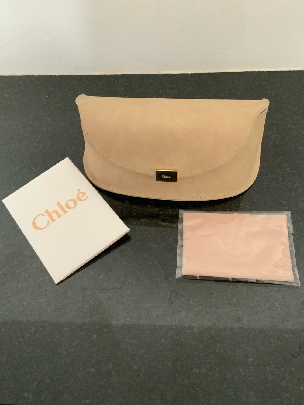 Chloe Beige Sunglasses Case with Gold Logo Plaque
